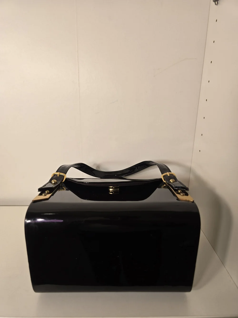 Vintage Black Patent Structured Box Handbag with Dual Handles